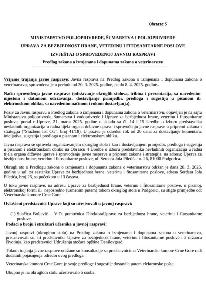 FINALNI IZVJEŠTAJ O SPROVEDENOJ JAVNOJ RASPRAVI Predlog izmjena i dopuna ZOV