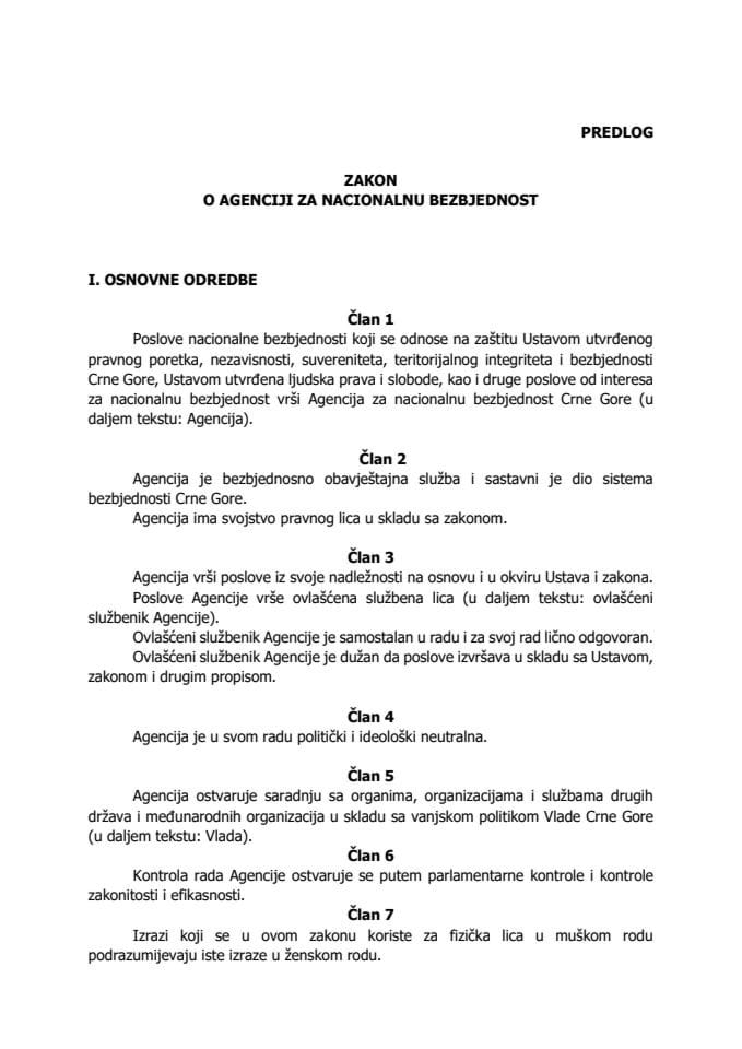 Predlogu zakona o Agenciji za nacionalnu bezbjednost