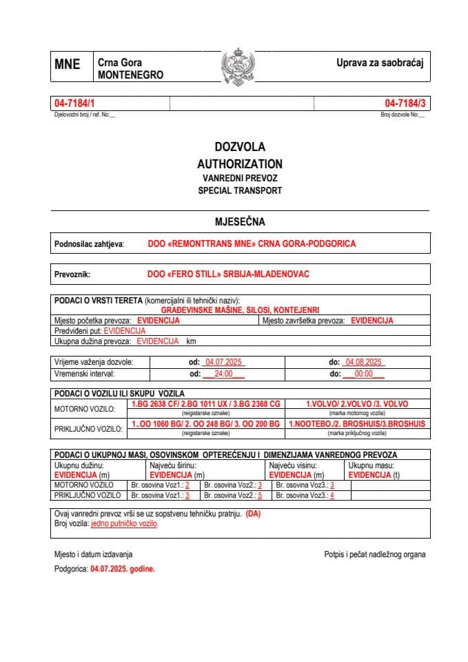 REMONTTRANS MNE 04-7184-FERO STILL-jul-mjesečna