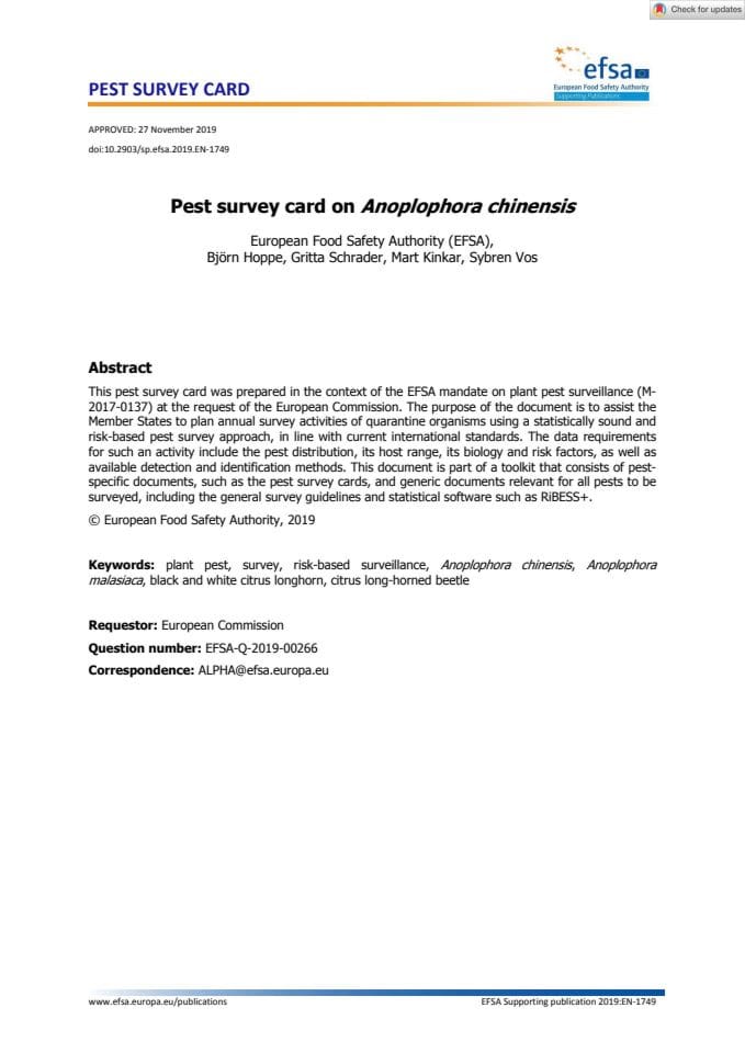 EFSA Supporting Publications - 2019 - Pest survey card on Anoplophora chinensis