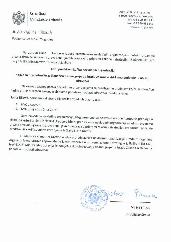 Lista predstavnika/ica nevladinih organizacija Koji/е su predloženi/е za člana/icu Radne grupe za izradu Zakona o zbirkama podataka u oblasti zdravstva