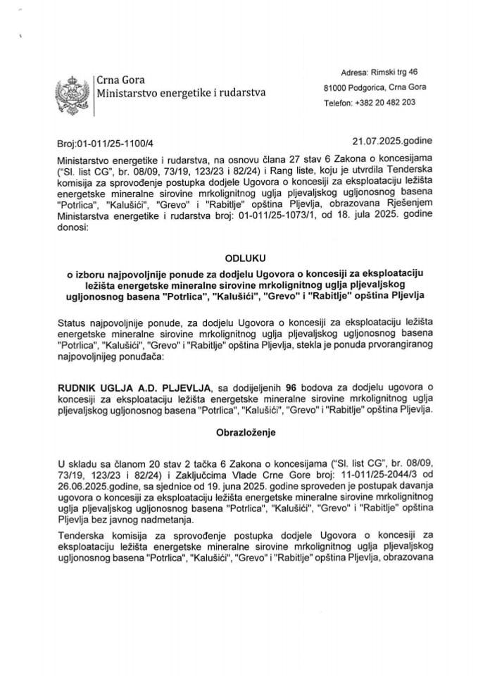 Odluka o izboru najpovoljnije ponude za dodjelu Ugovora o koncesiji za eksploataciju ležišta energetske mineralne sirovine mrkolignitnog uglja