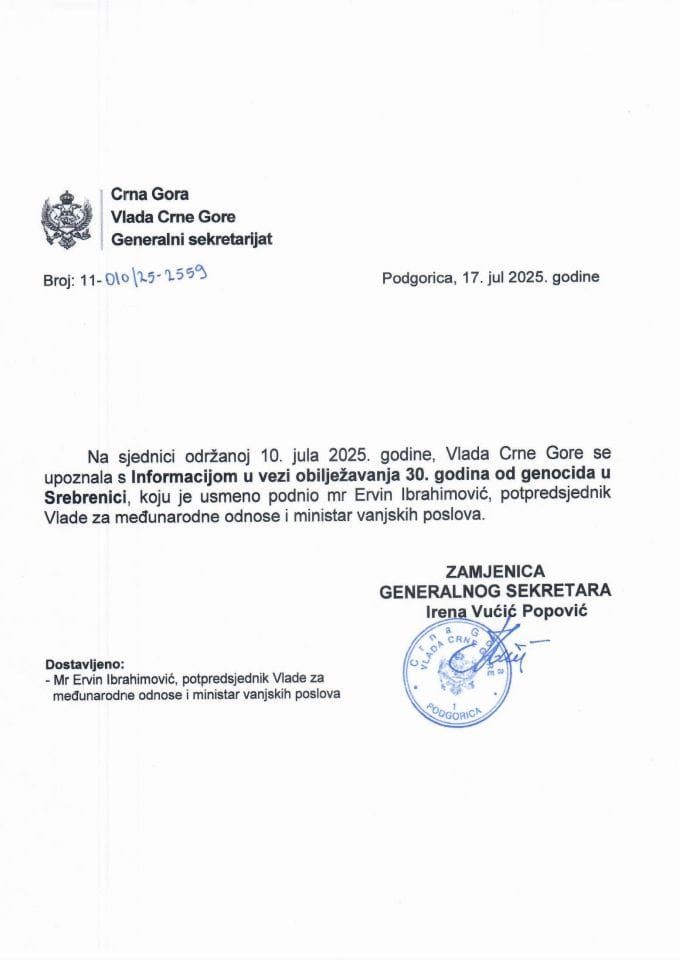 Usmena informacija u vezi obilježavanja 30 godina od genocida u Srebrenici - zaključci