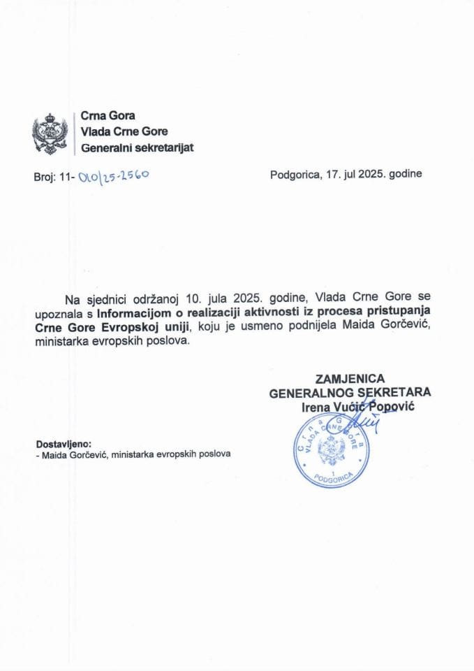 Усмена информација о реализацији активности из процеса приступања Црне Горе Европској унији - закључци
