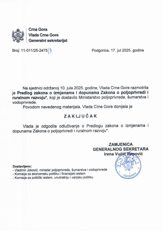 Predlog zakona o izmjenama i dopunama Zakona o poljoprivredi i ruralnom razvoju - zaključci