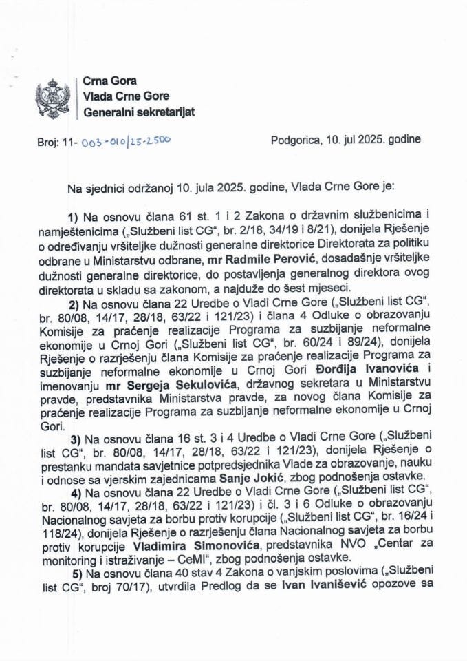 Kadrovska pitanja sa 89. sjednice Vlade Crne Gore - zaključci