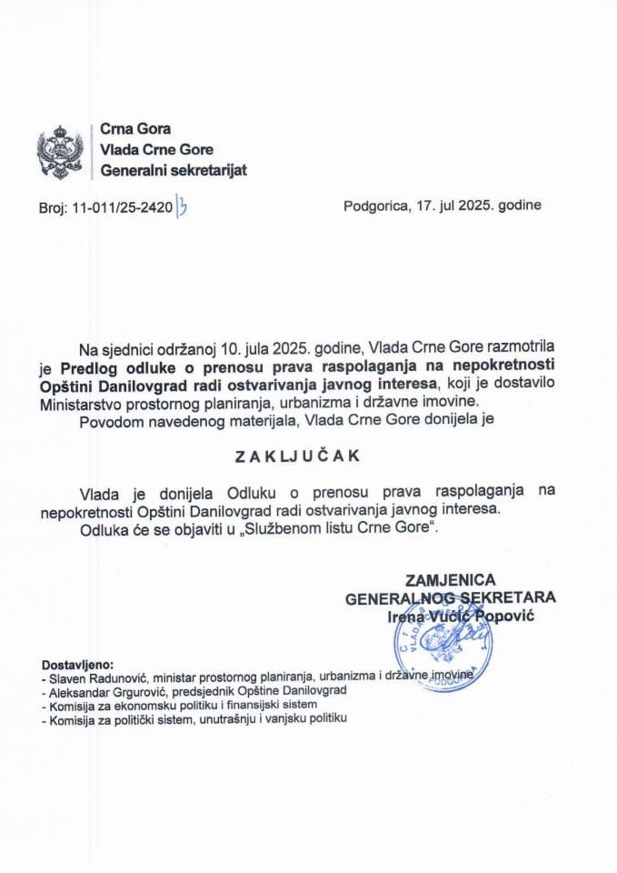Predlog odluke o prenosu prava raspolaganja na nepokretnosti Opštini Danilovgrad radi ostvarivanja javnog interesa - zaključci
