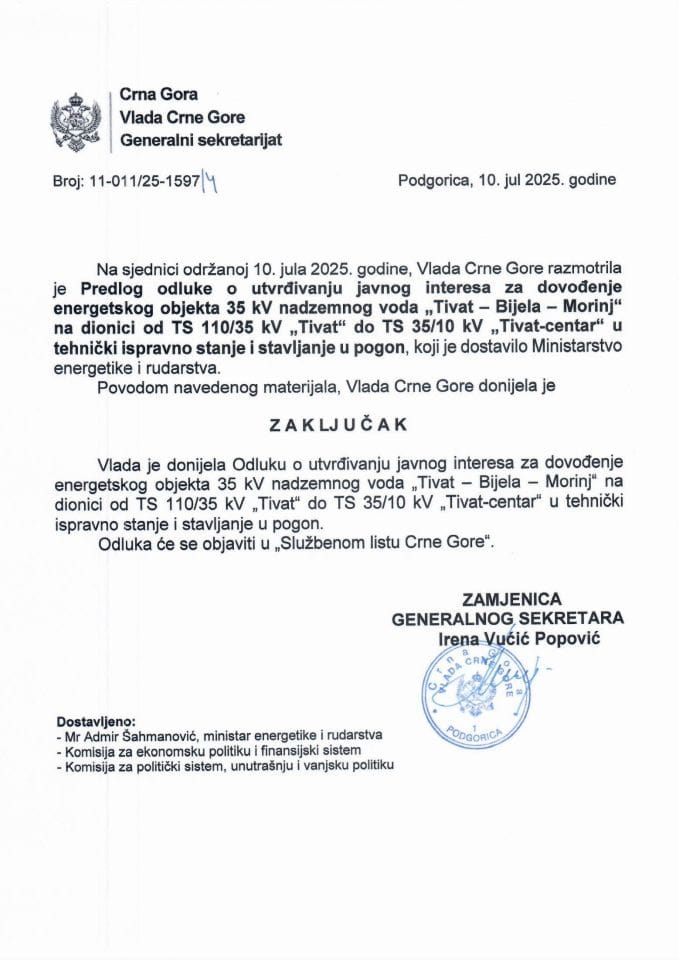 Predlog odluke o utvrđivanju javnog interesa za dovođenje energetskog objekta 35 KV nadzemnog voda „Tivat - Bijela – Morinj“ na dionici od TS 110/35 KV „Tivat“ do TS 35/10 KV „Tivat-centar“ - zaključci