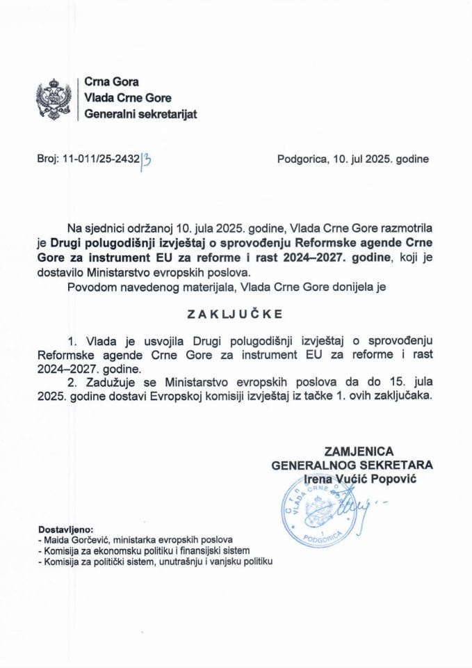 Drugi polugodišnji izvještaj o sprovođenju Reformske agende Crne Gore za instrument EU za reforme i rast 2024-2027. godine - zaključci