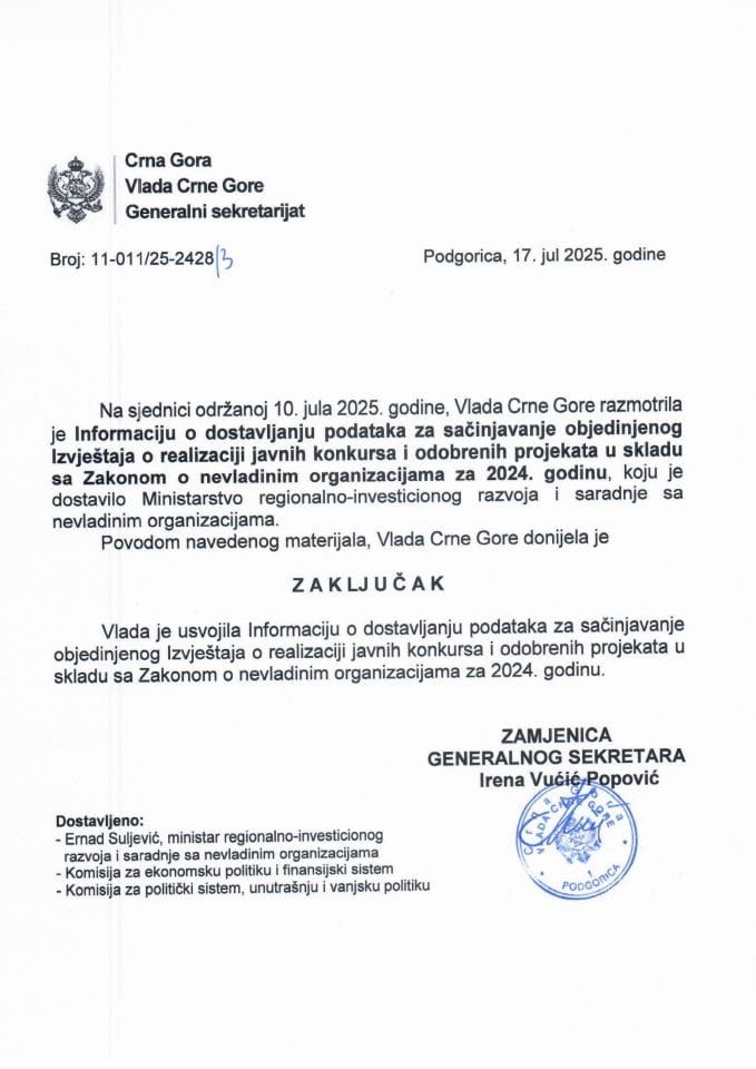 Informacija o dostavljanju podataka za sačinjavanje objedinjenog Izvještaja o realizaciji javnih konkursa i odobrenih projekata u skladu sa Zakonom o nevladinim organizacijama za 2024. godinu - zaključci