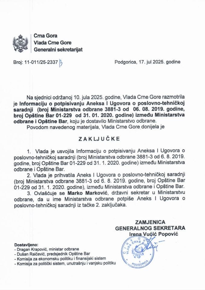 Informacija o potpisivanju Aneksa I Ugovora o poslovno-tehničkoj saradnji (broj Ministarstva odbrane 3881-3 od 06.08.2019. godine, broj Opštine Bar 01-229 od 31.01.2020. godine) između Ministarstva odbrane i Opštine Bar - zaključci