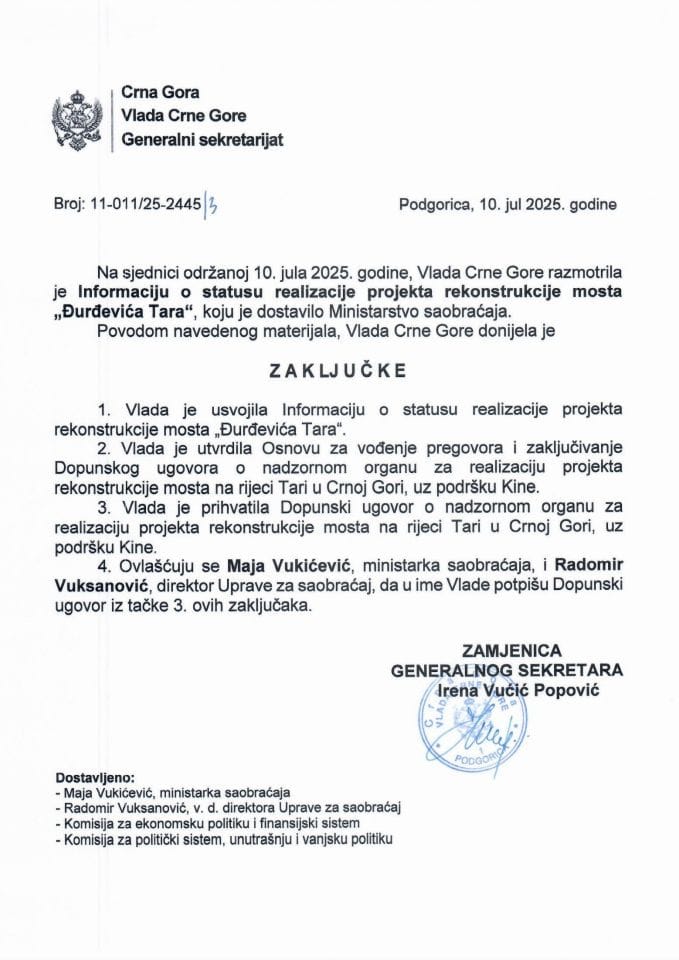 Informacija o statusu realizacije projekta rekonstrukcije mosta „Đurđevića Tara“ - zaključci