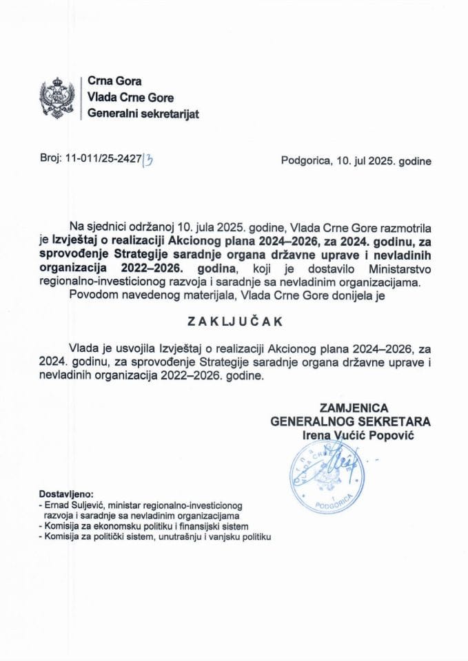 Izvještaj o realizaciji Akcionog plana 2024 - 2026, za 2024. godinu, za sprovođenje Strategije saradnje organa državne uprave i nevladinih organizacija 2022-2026. godina - zaključci