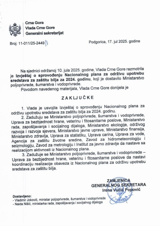 Izvještaj o sprovođenju Nacionalnog plana za održivu upotrebu sredstava za zaštitu bilja za 2024. godinu - zaključci