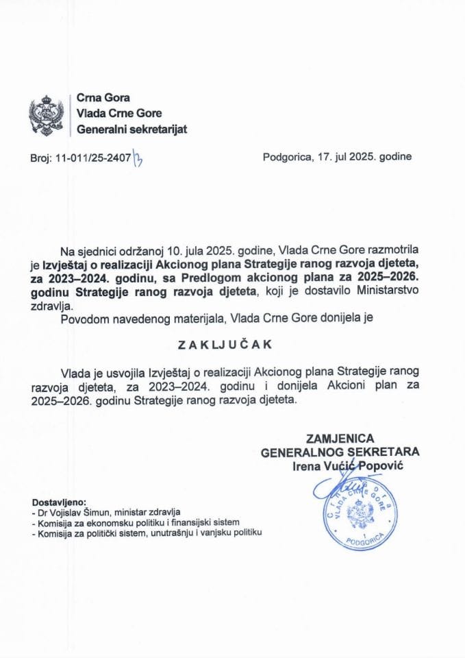 Izvještaj o realizaciji Akcionog plana Strategije ranog razvoja djeteta, za 2023 - 2024. godinu, sa Predlogom akcionog plana za 2025 - 2026. godinu Strategije ranog razvoja djeteta - zaključci