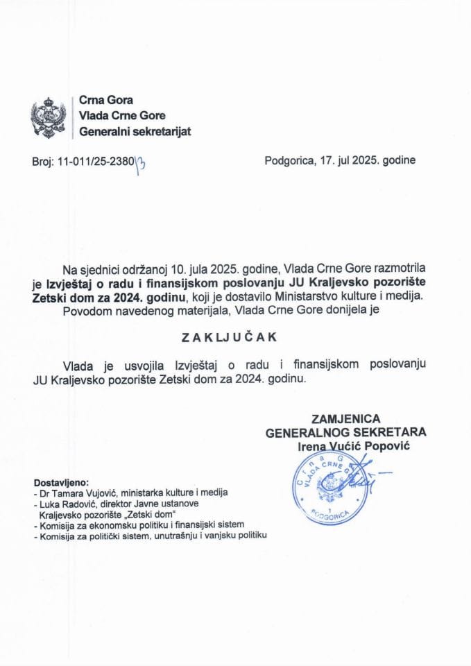 Izvještaj o radu i finansijskom poslovanju JU Kraljevsko pozorište „Zetski dom“ za 2024. godinu - zaključci