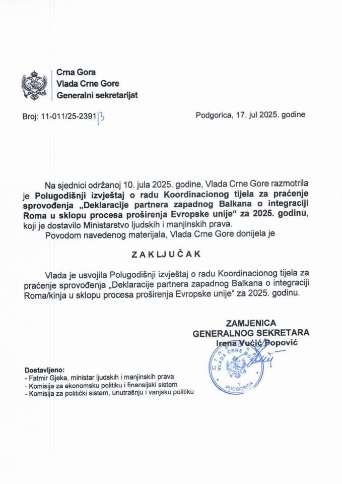 Polugodišnji izvještaj o radu Koordinacionog tijela za praćenje sprovođenja "Deklaracije partnera Zapadnog Balkana o integraciji Roma/kinja u sklopu procesa proširenja Evropske unije" za 2025. godinu - zaključci