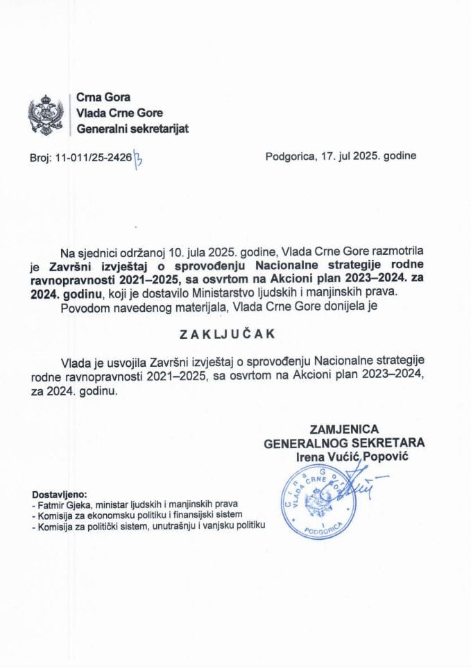 Završni izvještaj o sprovođenju Nacionalne strategije rodne ravnopravnosti 2021-2025 sa osvrtom na Akcioni plan 2023-2024, za 2024. godinu - zaključci