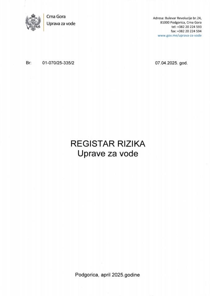 Registar rizika Uprave za vode 2025.