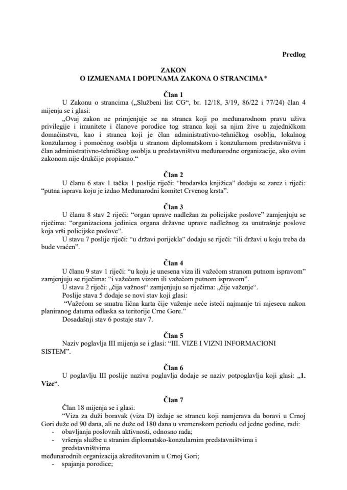 Predlog zakona o izmjenama i dopunama Zakona o strancima⃰ s Izvještajem sa javne rasprave