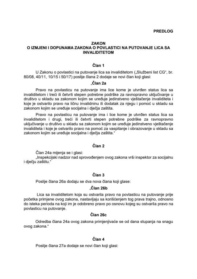 Предлог закона о измјени и допунама Закона о повластици на путовање лица са инвалидитетом