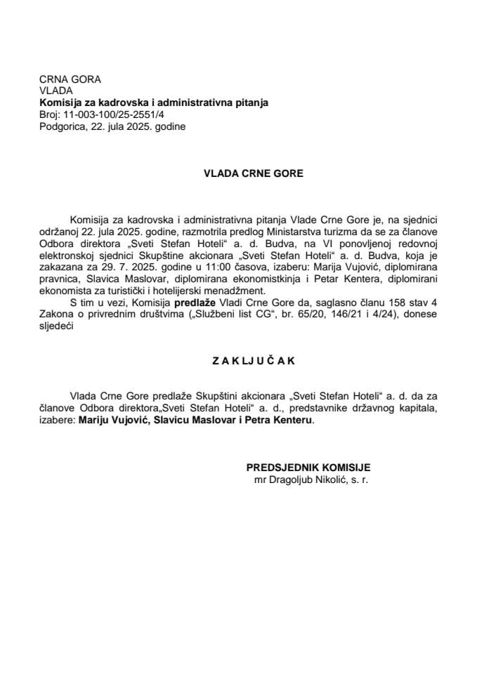 Предлог за избор чланова Одбора директора „Свети Стефан Хотели“ АД