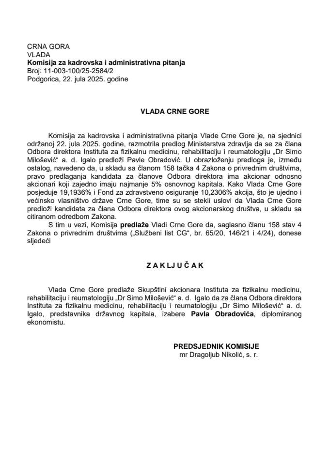 Предлог за избор члана Одбора директора Института за физикалну медицину, рехабилитацију и реуматологију „Др Симо Милошевић“ АД Игало