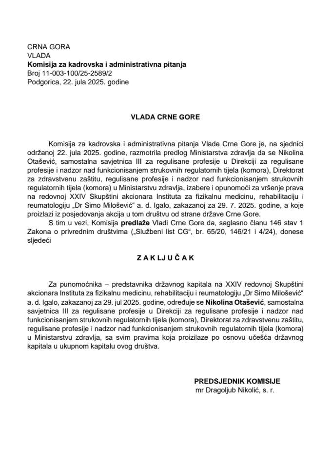 Предлог за одређивање пуномоћника – представника државног капитала на XXIV редовној Скупштини акционара Института за физикалну медицину, рехабилитацију и реуматологију „Др Симо Милошевић“ АД Игало