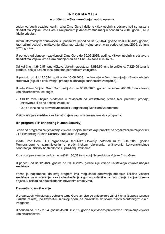 Информација о уништењу вишка наоружања и војне опреме у Војсци Црне Горе