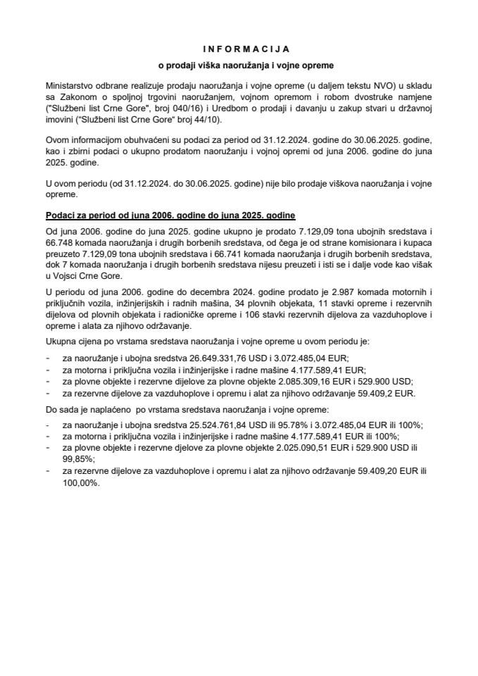 Информација о продаји вишка наоружања и војне опреме у Војсци Црне Горе