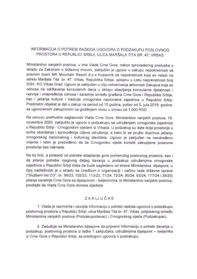 Информација о потреби раскида Уговора о подзакупу пословног простора у Републици Србији, Улица Маршала Тита бр. 47, Врбас