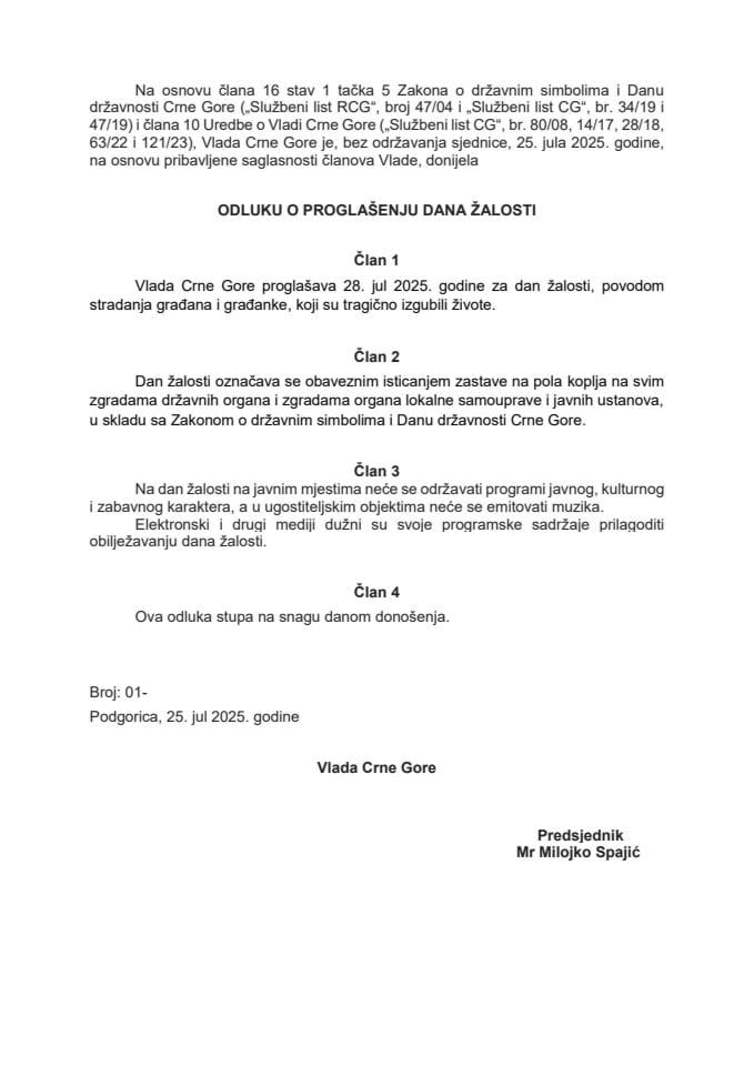 Predlog odluke o proglašenju dana žalosti