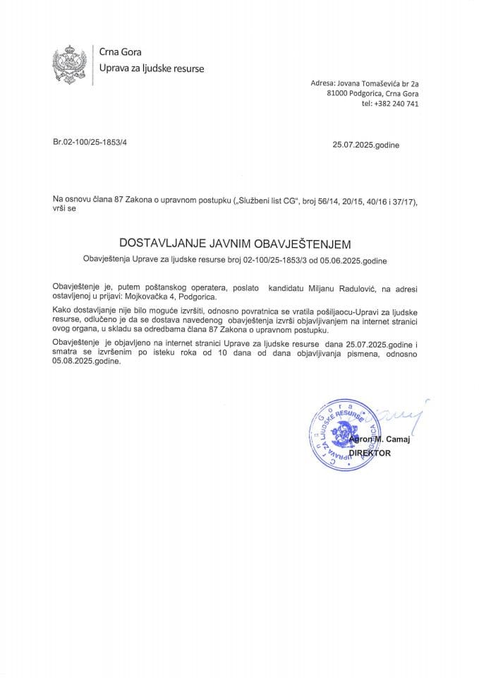 Miljan Radulović, 1853