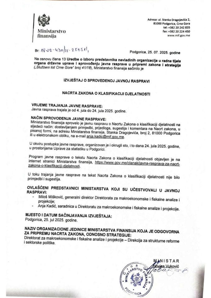 Izvještaj o sprovedenoj javnoj raspravi o Nacrtu Zakona o klasifikaciji djelatnosti