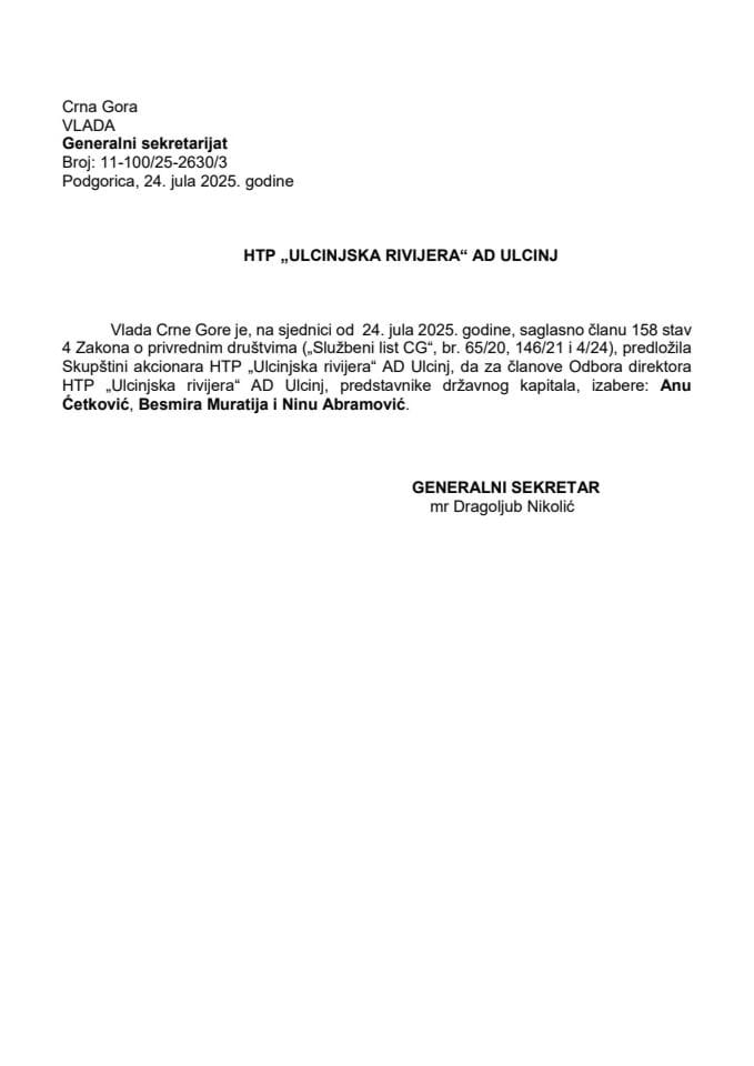 Предлог за избор чланова Одбора директора ХТП „Улцињска ривијера“ АД Улцињ