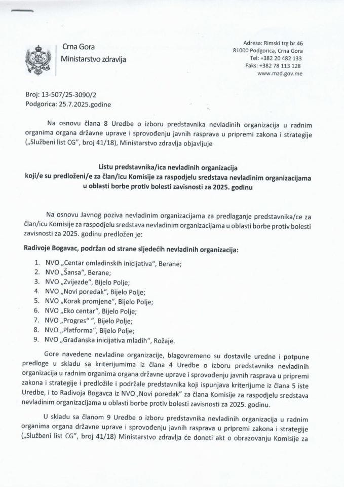 Lista predstavnika/ica nevladinih organizacija koji/e su predloženi/e za član/icu Komisije za raspodjelu sredstava nevladinim organizacijama u oblasti borbe protiv bolesti zavisnosti za 2025. godinu