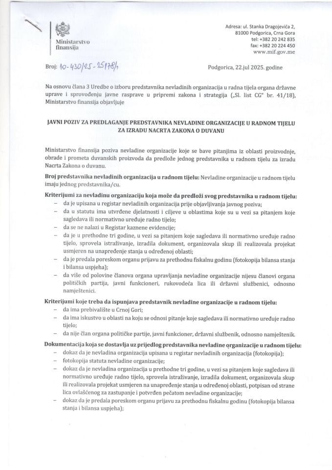 Javni poziv za predlaganje predstavnika nevladine organizacije u radnom tijelu za izradu Nacrta Zakona o duvanu