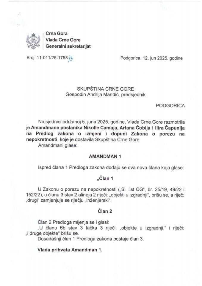 Предлог мишљења на амандмане на Предлог закона о измјени и допуни Закона о порезу на непокретности (предлагачи посланици: Николла Цамај, Артан Чоби и Илир Чапуни) - Закључци