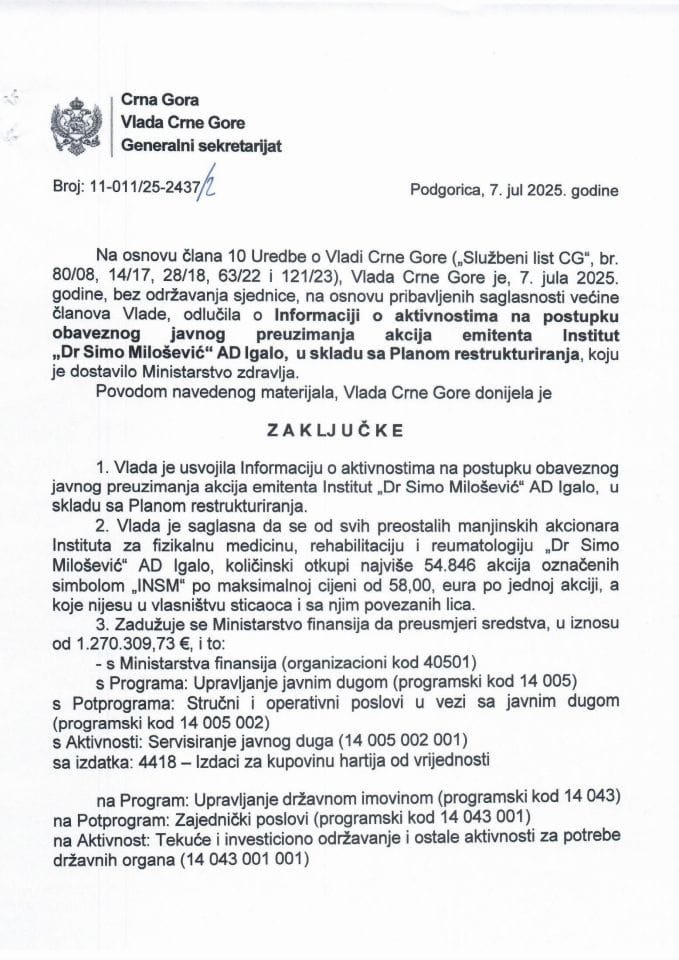 Informacija o aktivnostima na postupak obaveznog javnog preuzimanja akcija emitenta Institut ''Dr Simo Milošević'' AD Igalo,u skladu sa Planom restrukturiranja - Zaključci