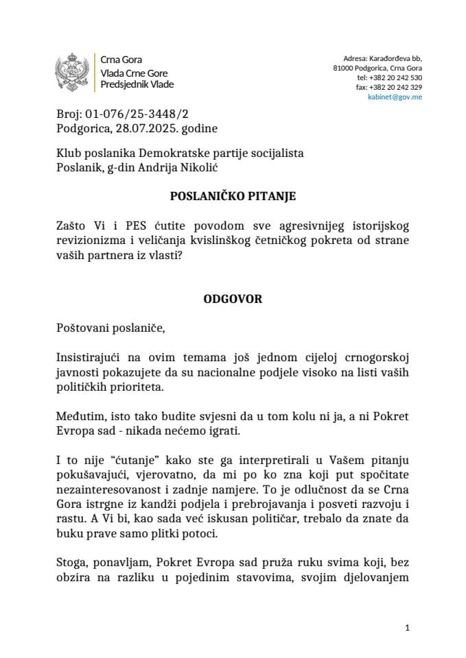 Premijerski sat: Odgovor predsjednika Vlade Milojka Spajića na poslaničko pitanje Andrije Nikolića