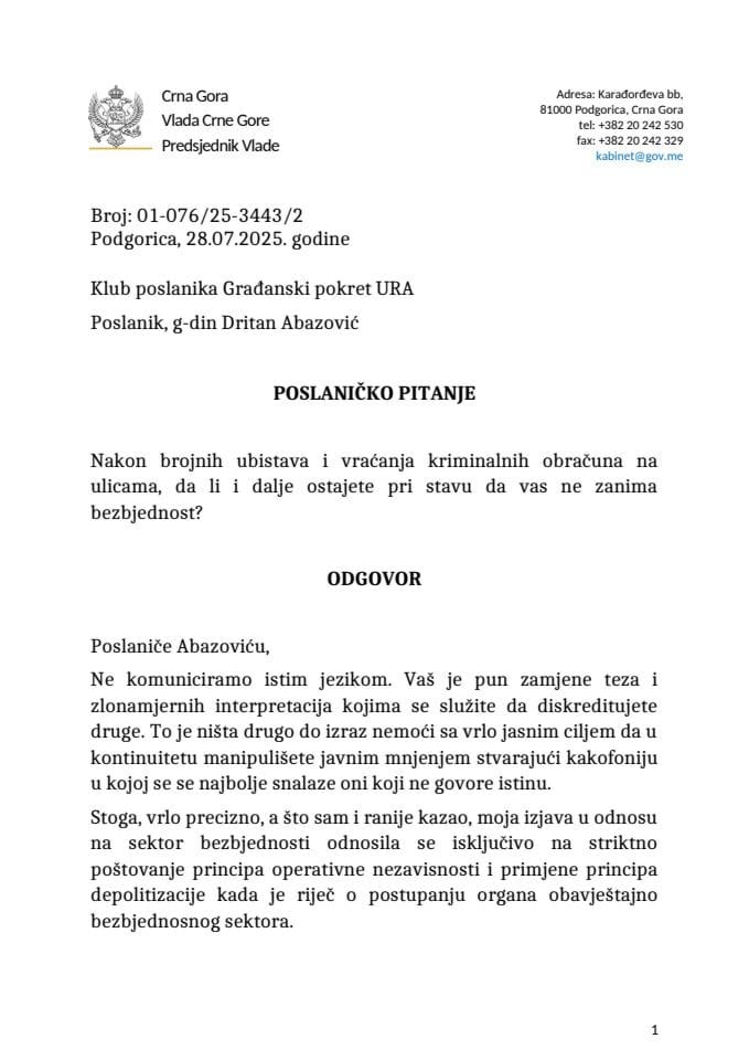 Premijerski sat: Odgovor predsjednika Vlade Milojka Spajića na poslaničko pitanje Dritana Abazovića