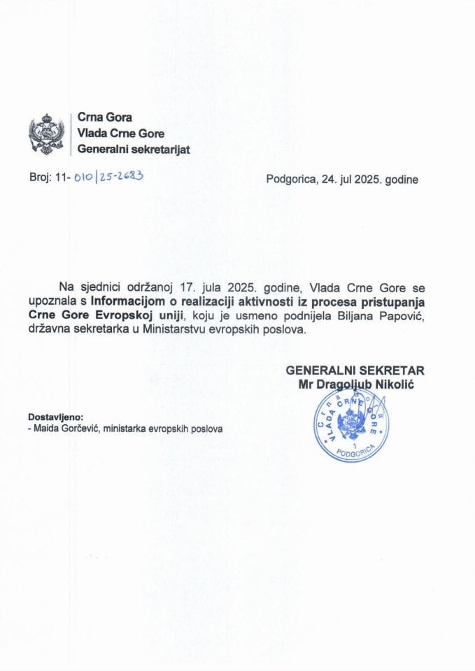 Усмена информација о реализацији активности из процеса приступања Црне Горе Европској унији - Закључци