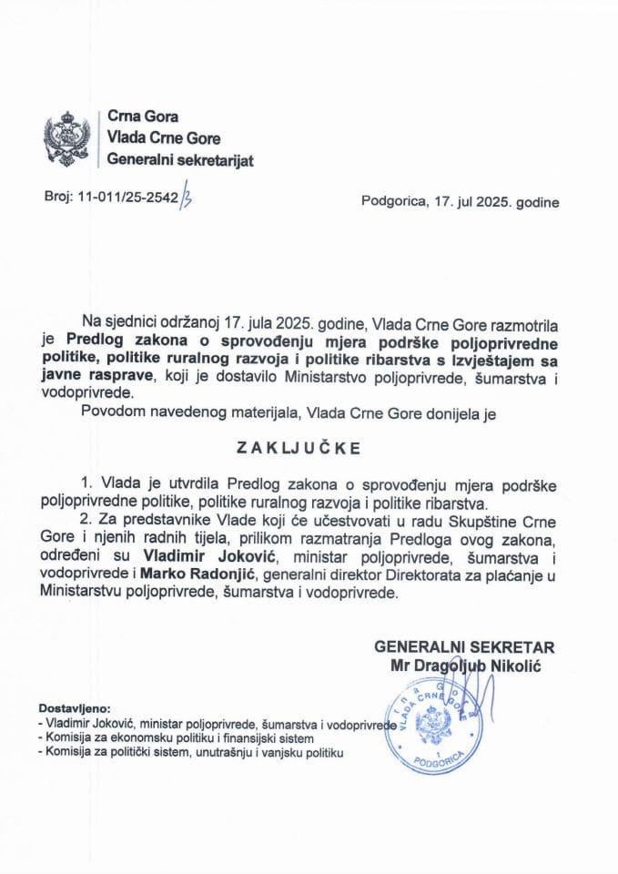 Предлог закона о спровођењу мјера подршке пољопривредне политике, политике руралног развоја и политике рибарства с Извјештајем са јавне расправе - Закључци