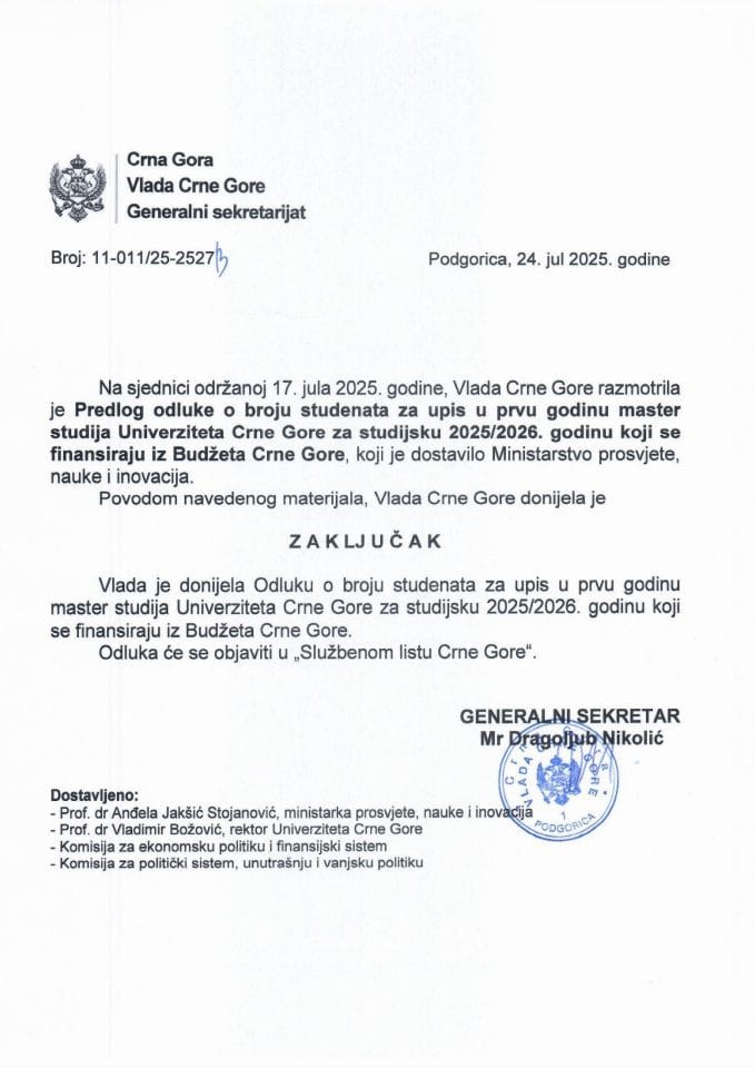 Предлог одлуке о броју студената за упис у прву годину мастер студија на студијске програме Универзитета Црне Горе за студијску 2025/2026. годину који се финансирају из Буџета Црне Горе - Закључци