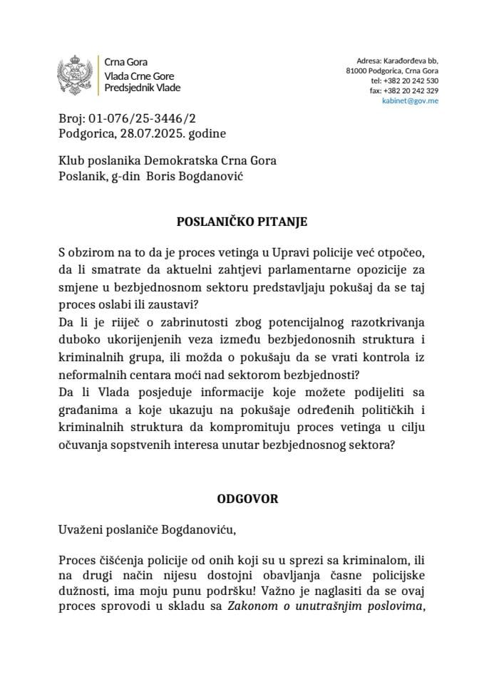 Premijerski sat: Odgovor predsjednika Vlade Milojka Spajića na poslaničko pitanje Borisa Bogdanovića