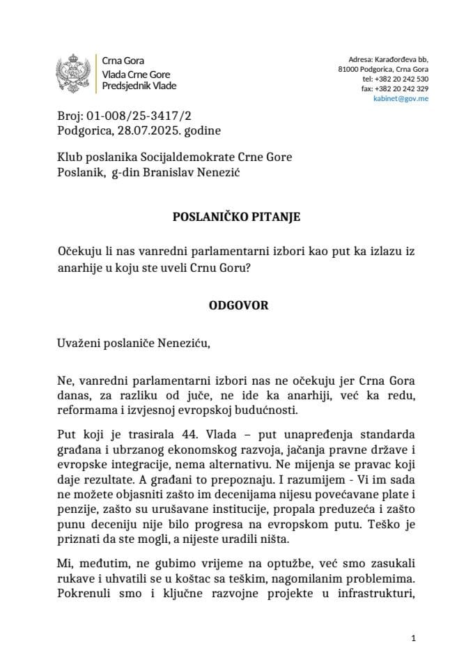 Premijerski sat: Odgovor predsjednika Vlade Milojka Spajića na poslaničko pitanje Branislava Nenezića