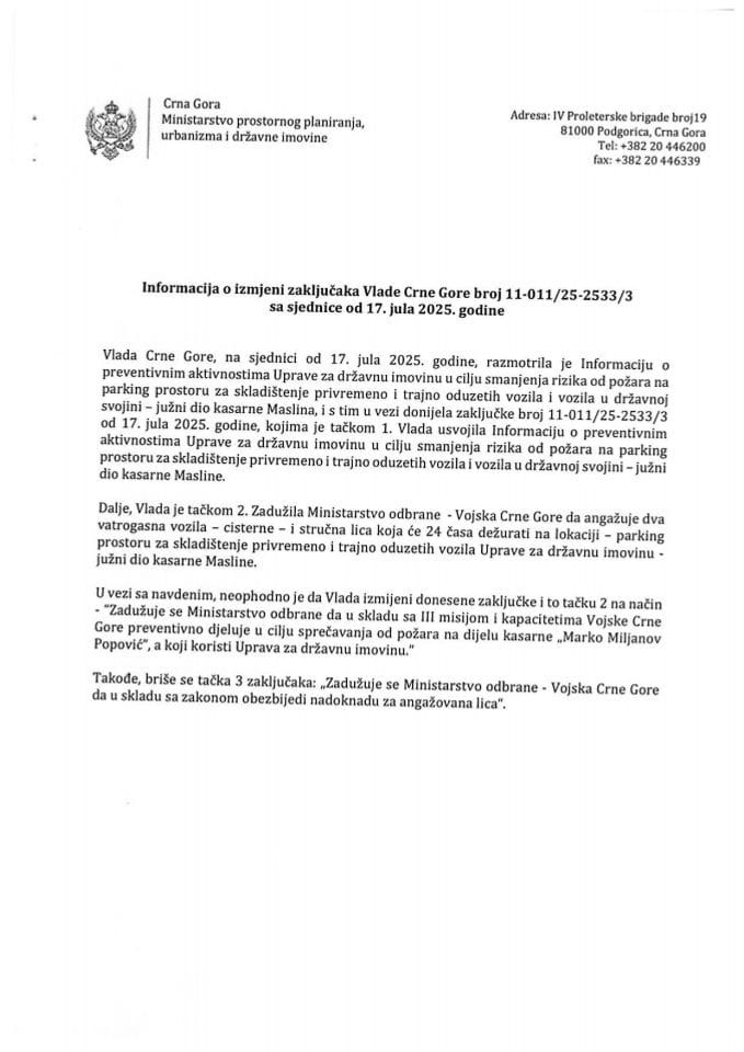 Informacija o izmjeni zaključaka Vlade Crne Gore, broj: 11-011/25-2533/3, sa sjednice od 17. jula 2025. godine
