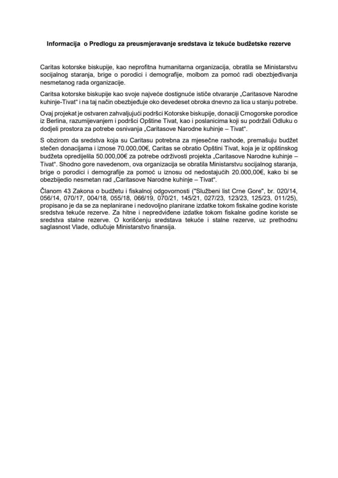 Informacija o preusmjeravanju sredstava iz Tekuće budžetske rezerve za potrebe održivosti projekta „Caritasove Narodne kuhinje - Tivat“