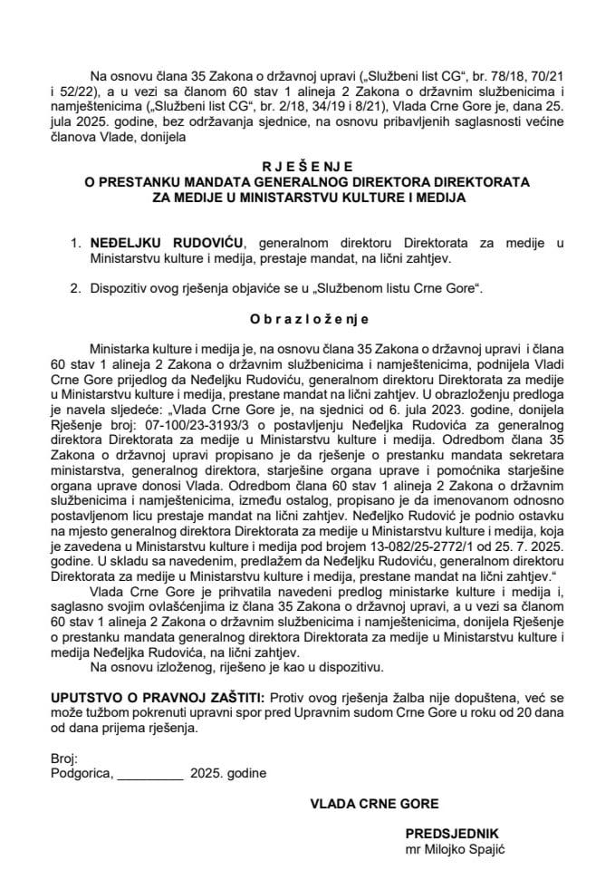 Predlog za prestanak mandata generalnog direktora Direktorata za medije u Ministarstvu kulture i medija