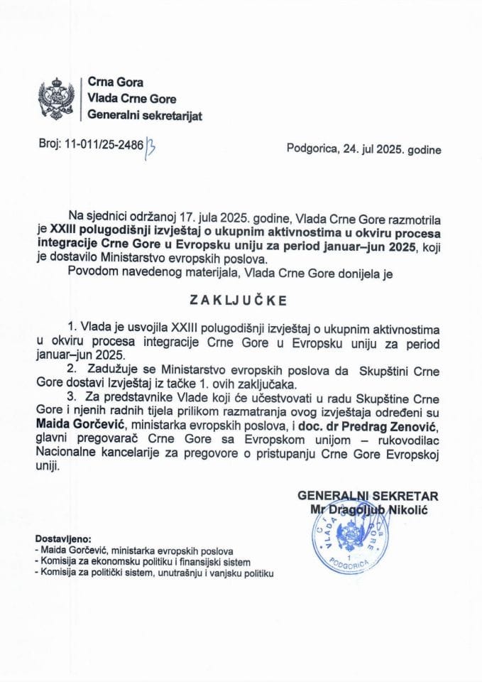 XXIII полугодишњи извјештај о укупним активностима у оквиру процеса интеграције Црне Горе у Европску унију за период јануар-јун 2025. - Закључци